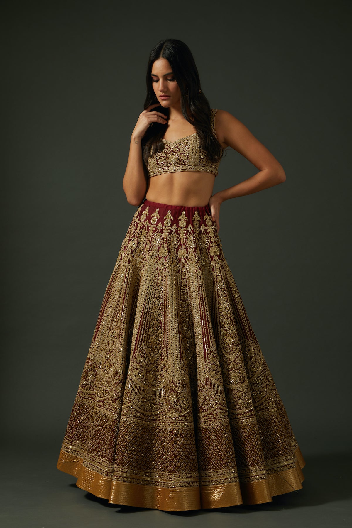 Embroidered Wine Chanderi Lehenga Set