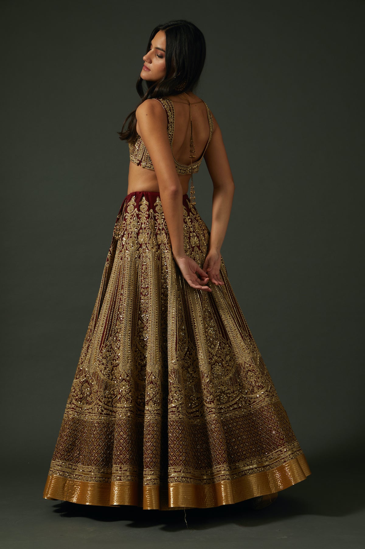 Embroidered Wine Chanderi Lehenga Set