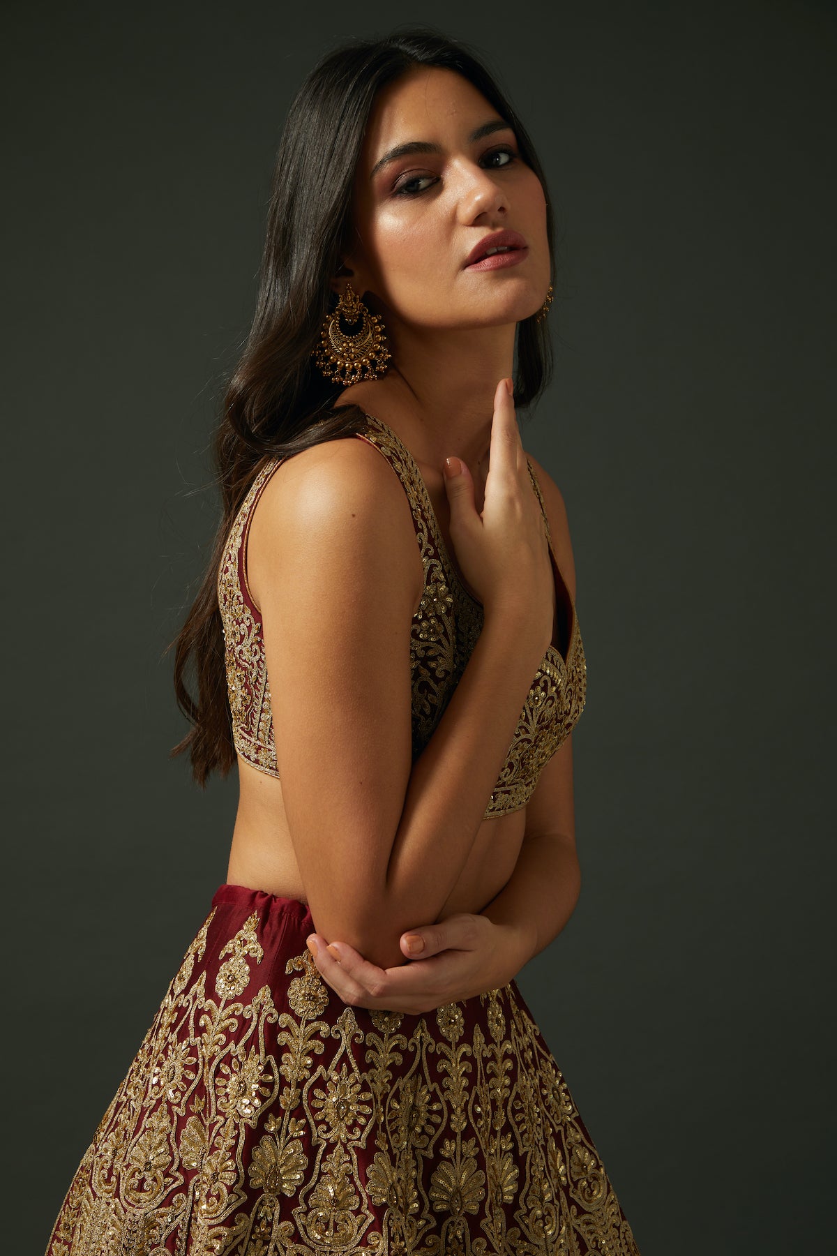 Embroidered Wine Chanderi Lehenga Set