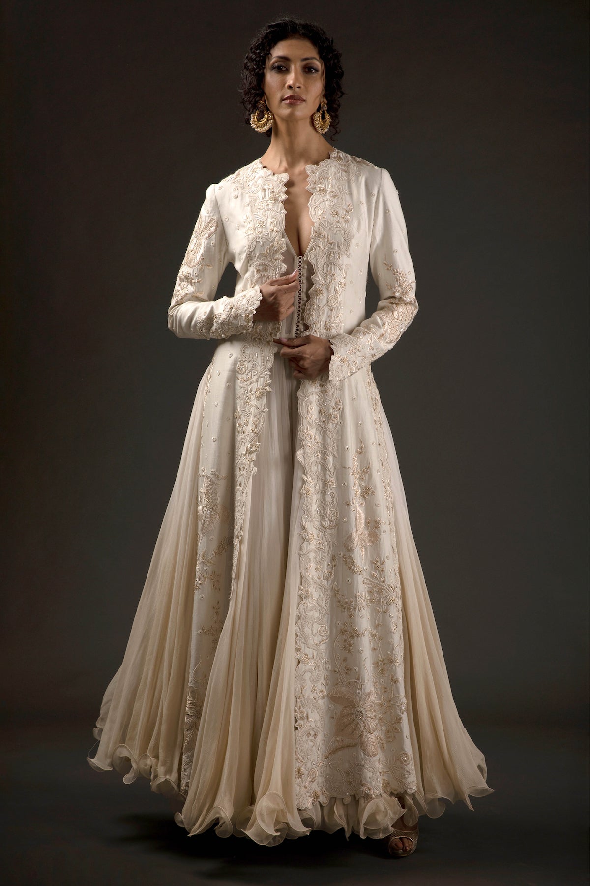 Chanderi Silk Floral Printed & Embroidered Long Jacket Set