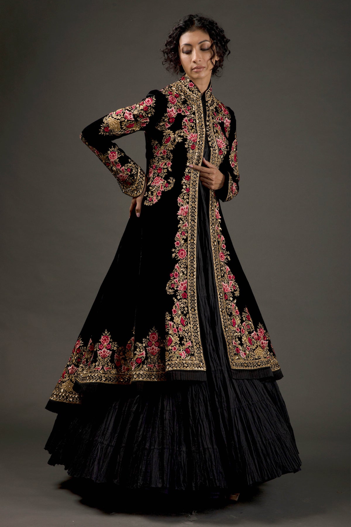 Black Velvet Silk Long Jacket With Embroidery
