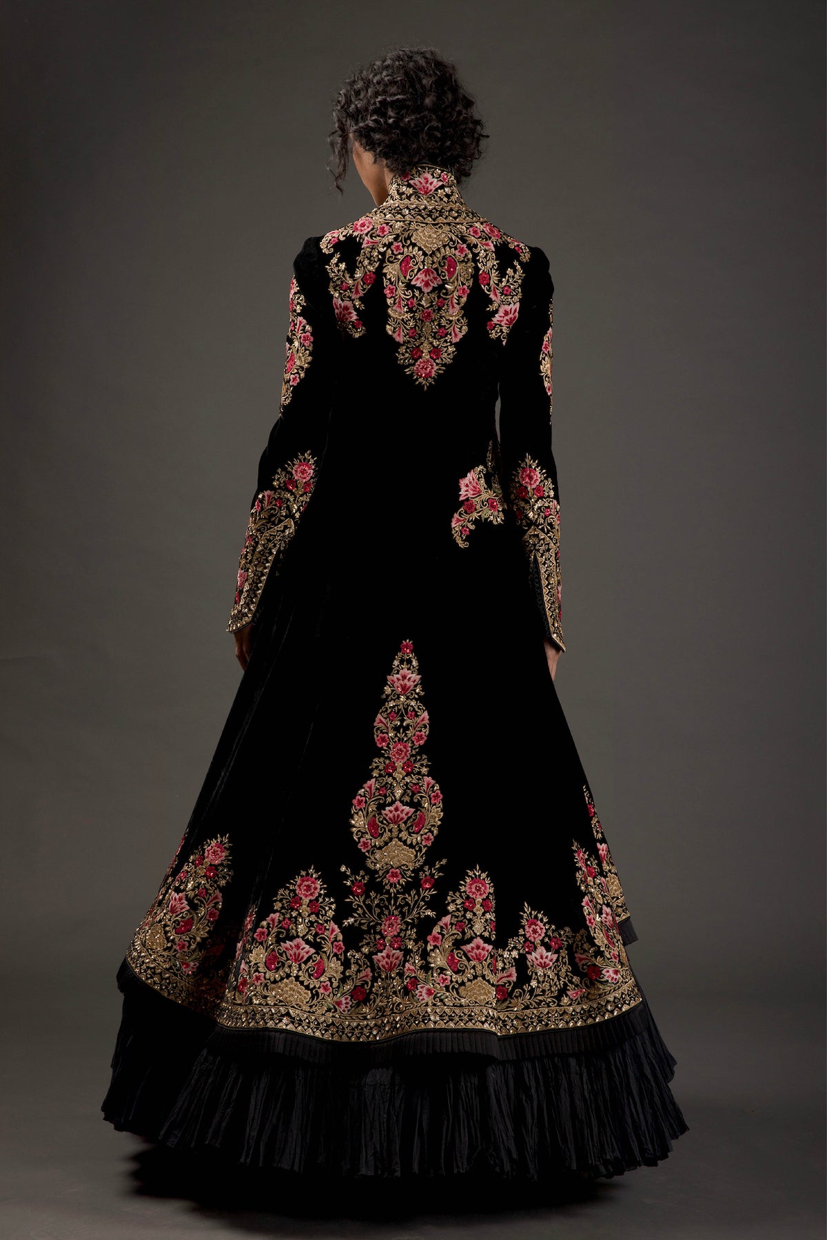 Black Velvet Silk Long Jacket With Embroidery