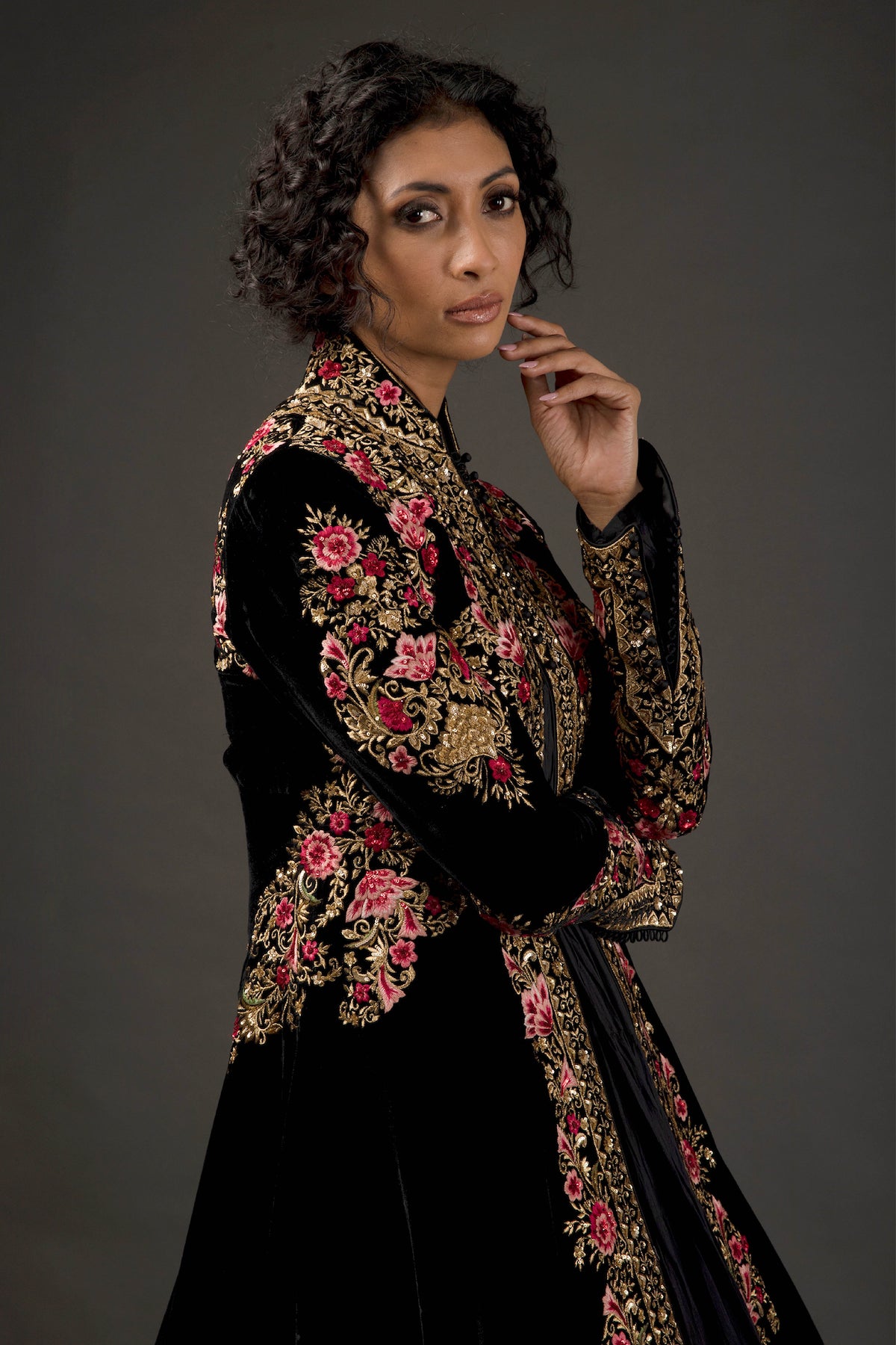Black Velvet Silk Long Jacket With Embroidery