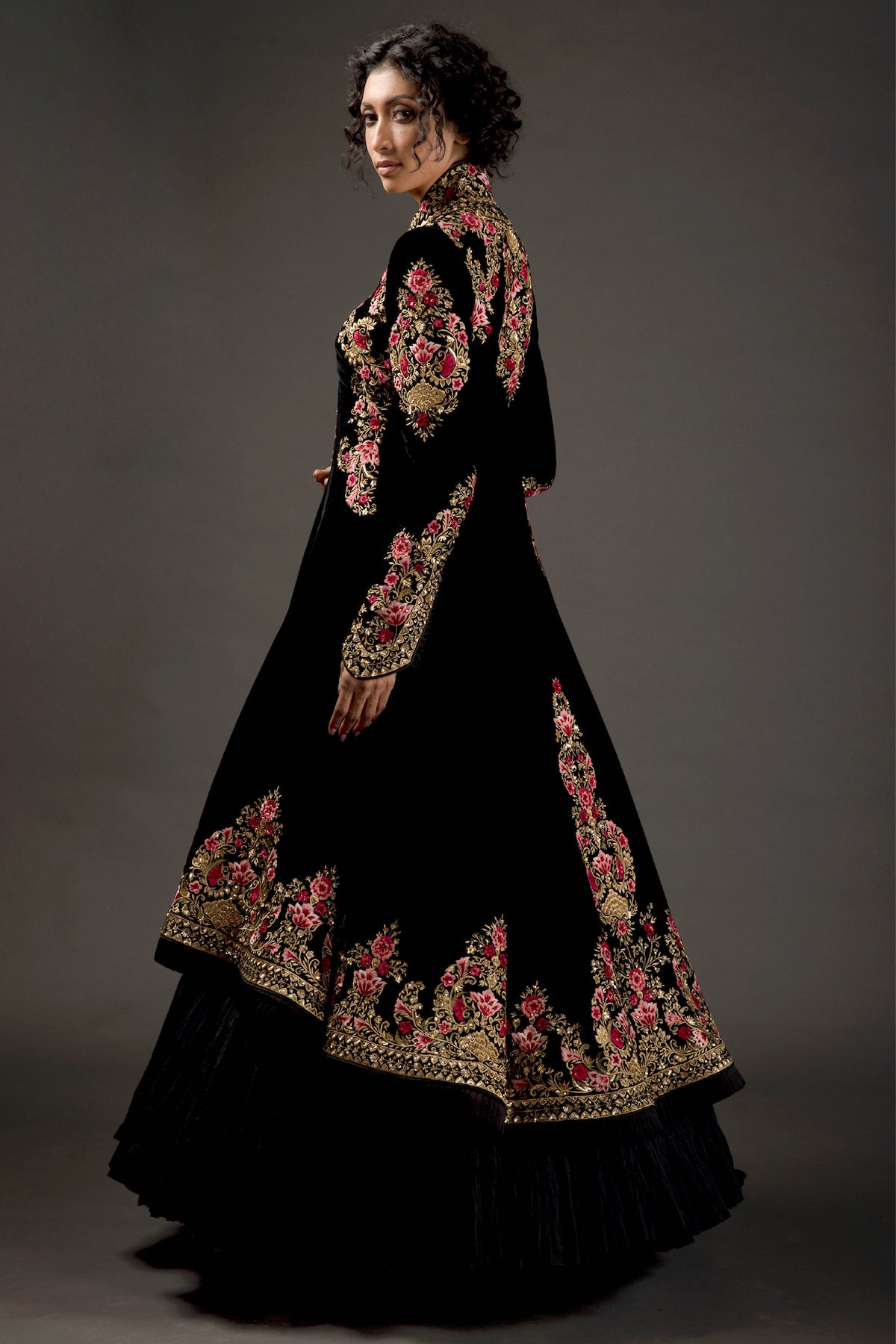 Black Velvet Silk Long Jacket With Embroidery