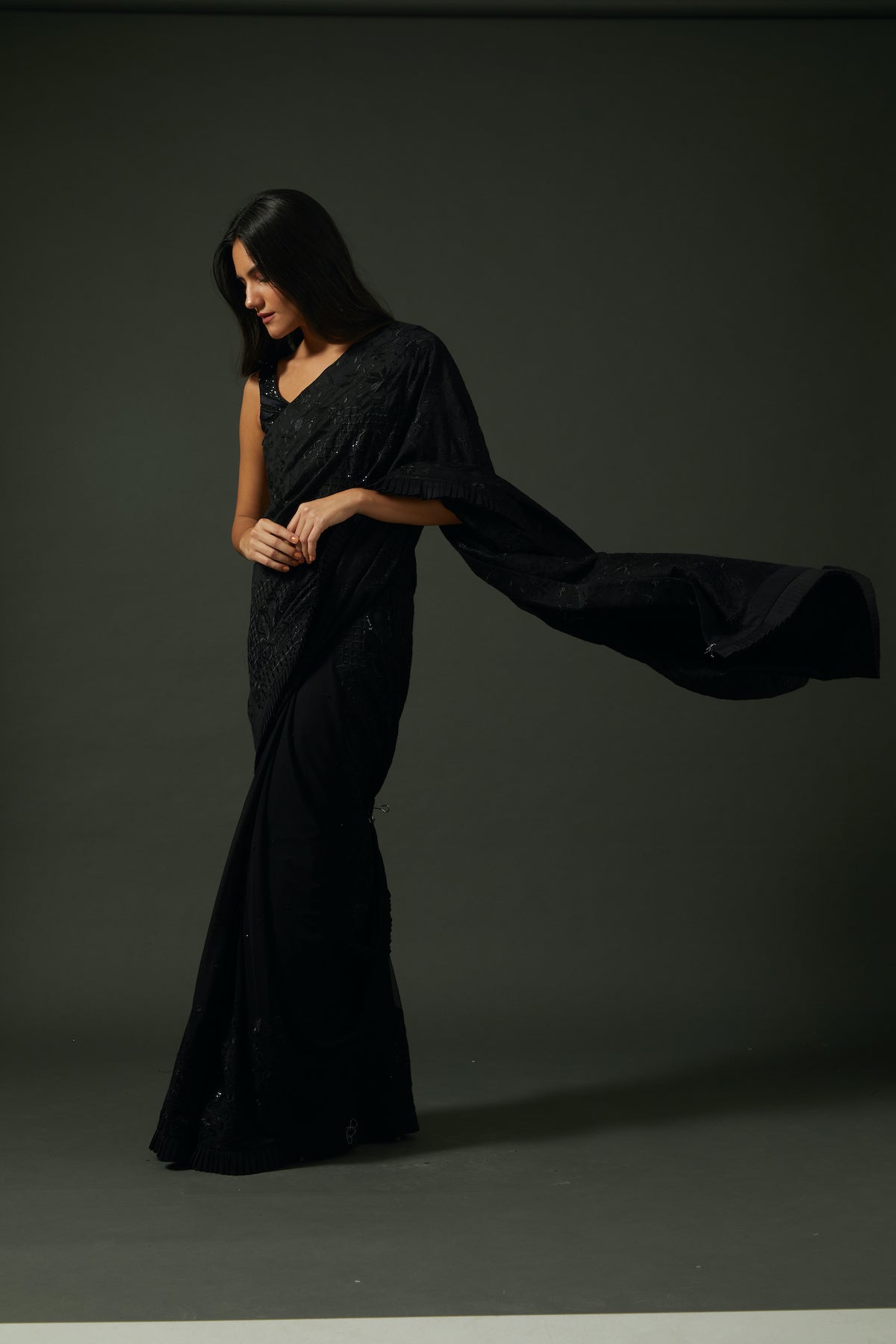 Black Chanderi Embroidered Saree Set