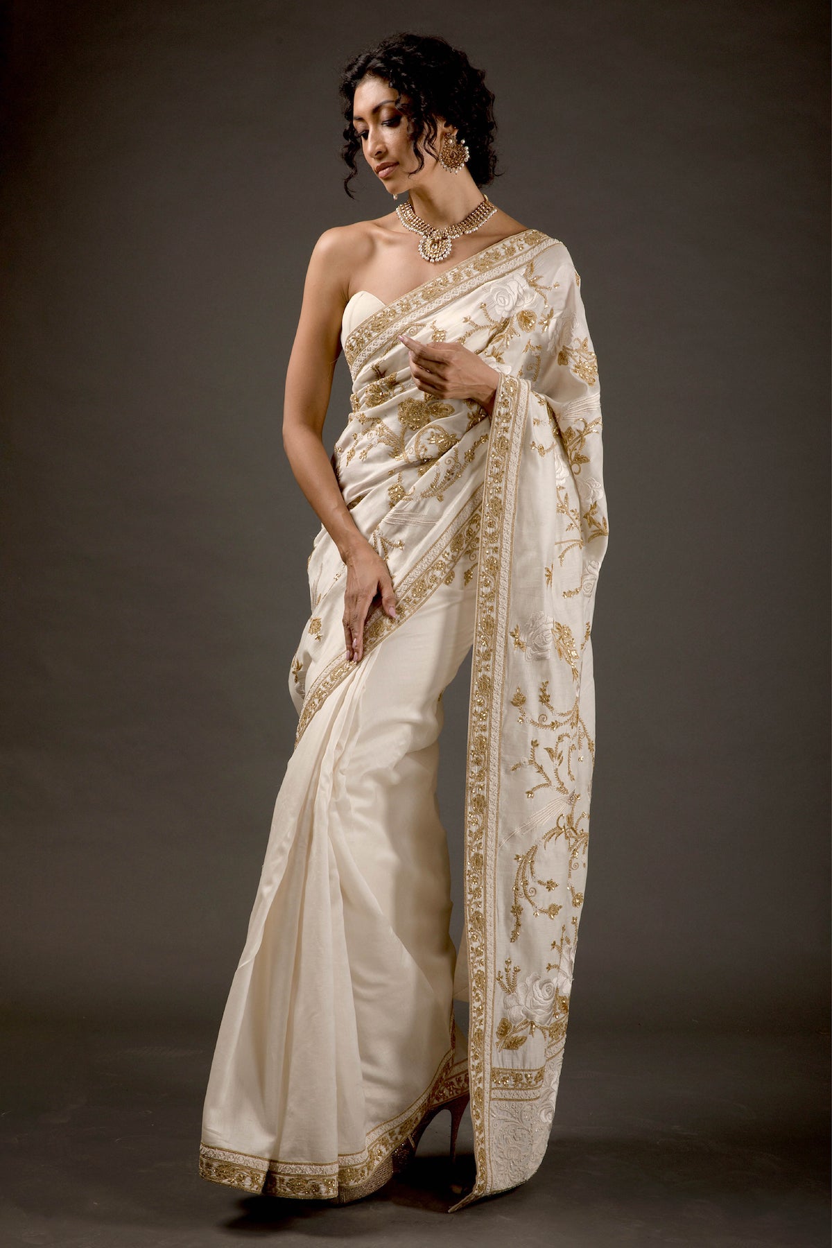 Ivory Chanderi Embroidered Saree Set
