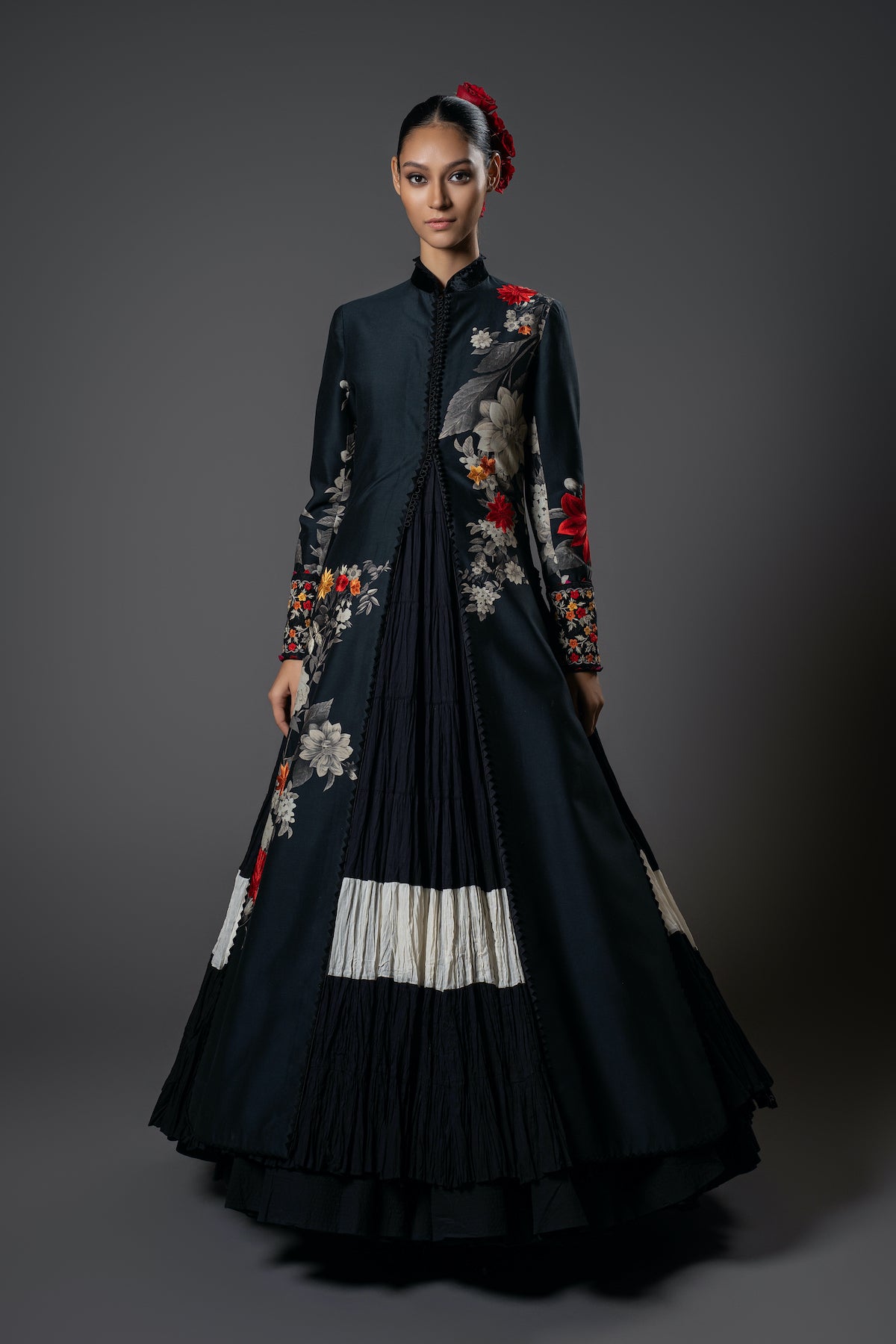 Black Chanderi Silk Floral Printed & Embroidered Long Jacket