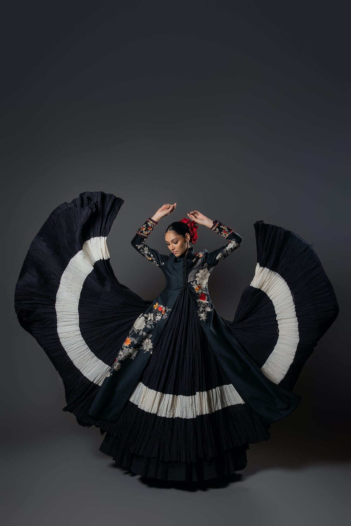 Black Chanderi Silk Floral Printed & Embroidered Long Jacket