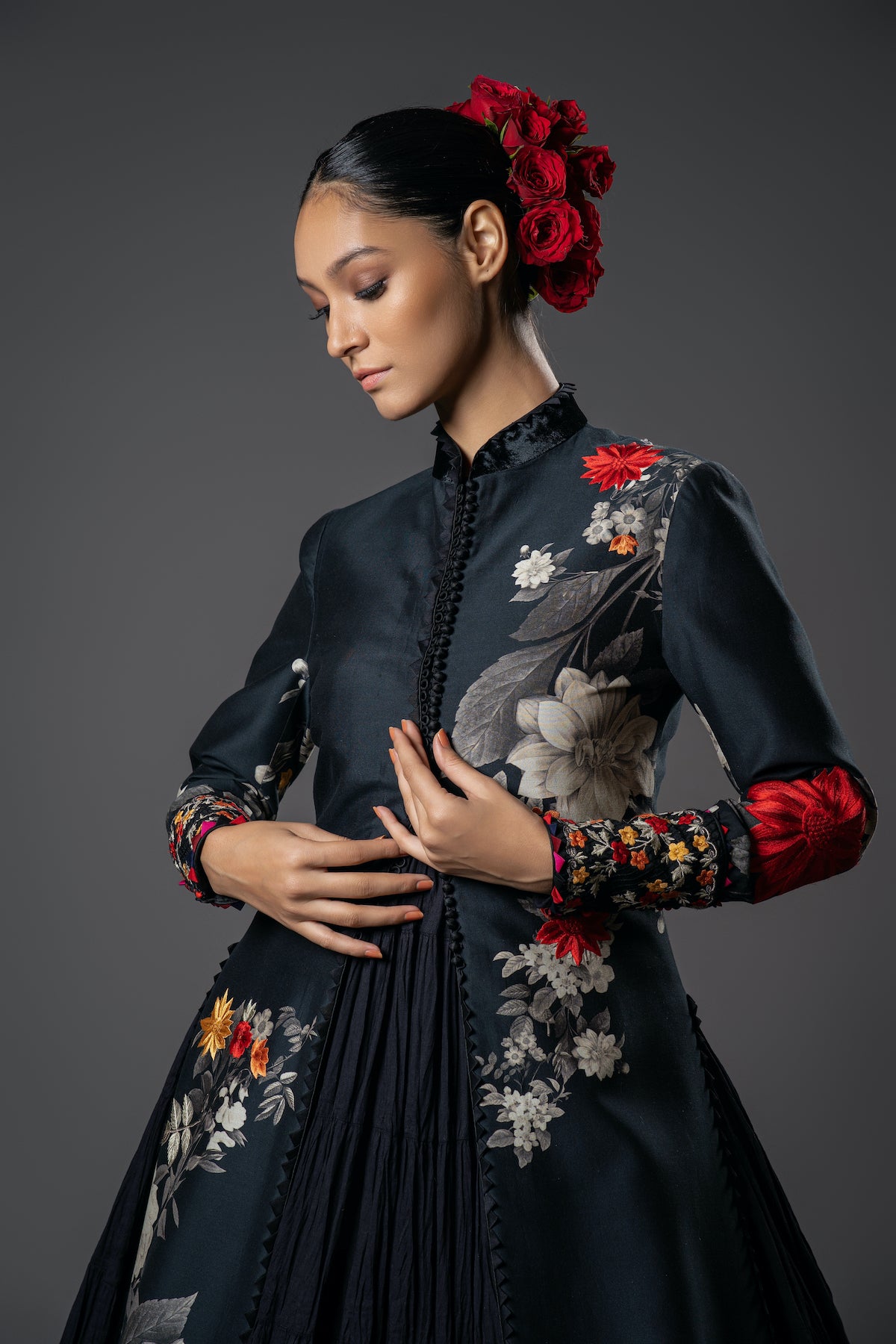 Black Chanderi Silk Floral Printed & Embroidered Long Jacket