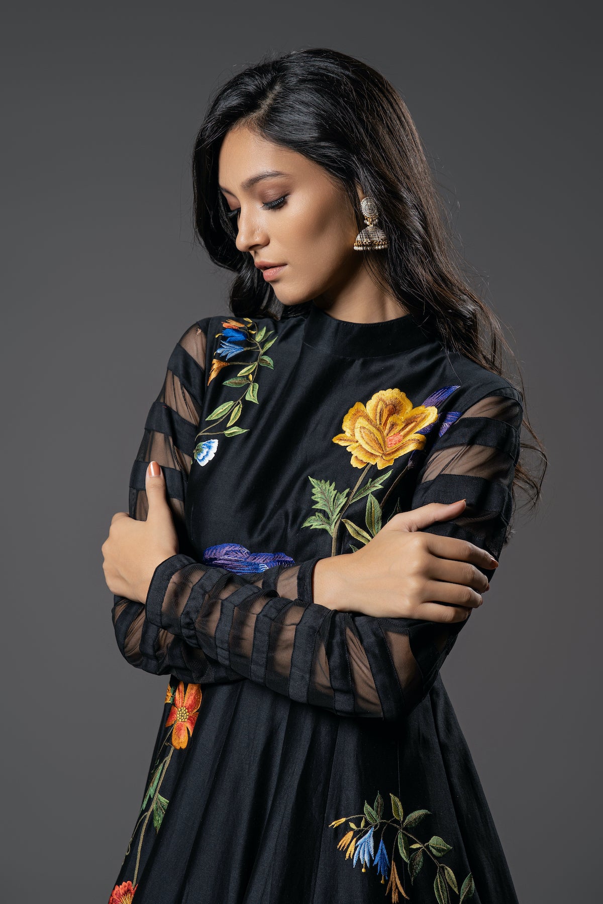 Chanderi Silk Digital Printed & Floral Embroidered Anarkali Set