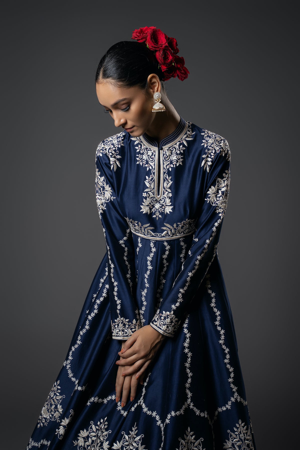 Indigo Chanderi Silk Resham Embroidered Anarkali Set