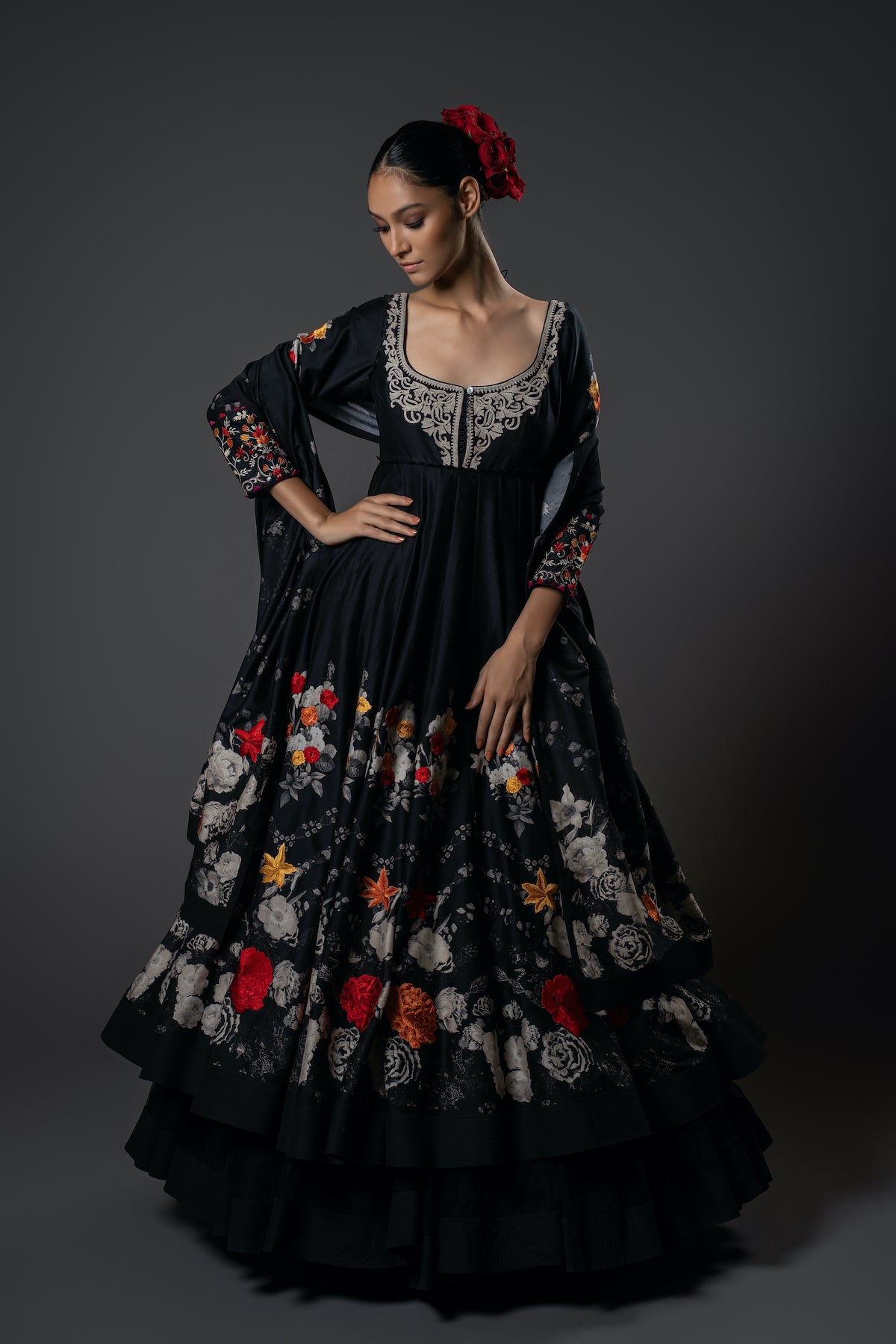Chanderi Silk Floral Digital Printed & Resham Embroidered Anarkali Set