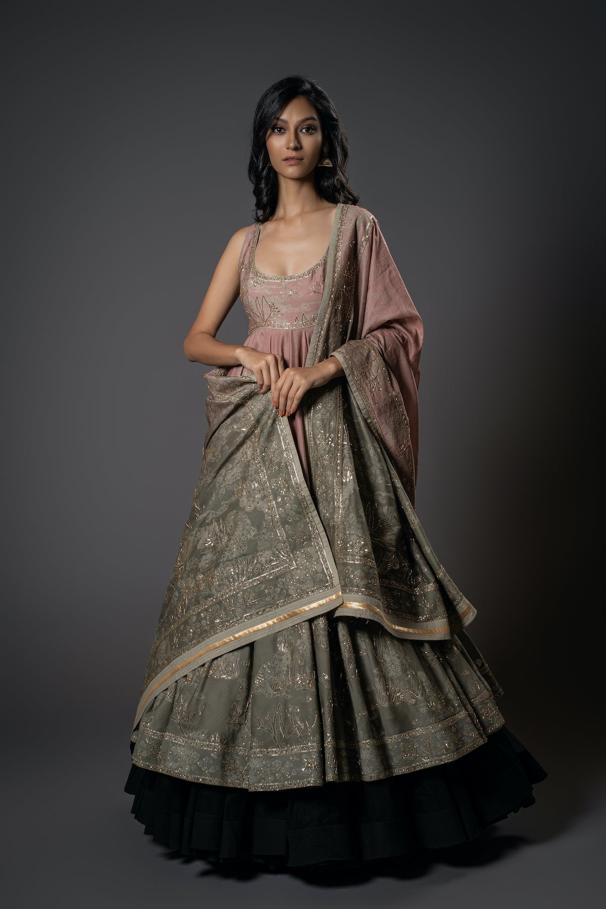 Chanderi Silk Shibori Digital Printed & Embroidered Anarkali Set
