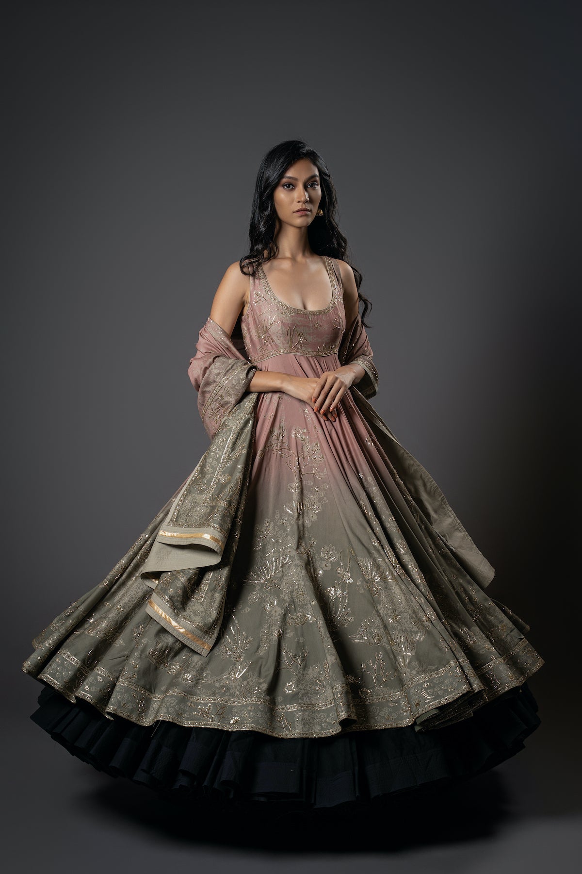 Chanderi Silk Shibori Digital Printed & Embroidered Anarkali Set