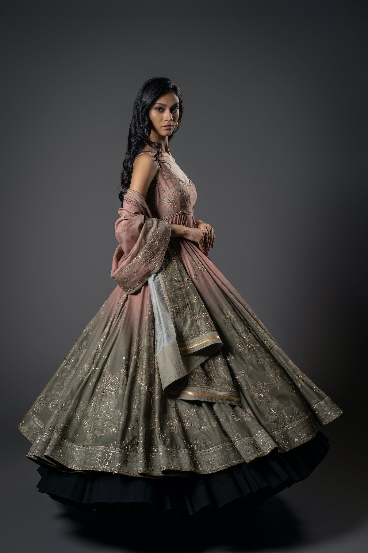 Chanderi Silk Shibori Digital Printed & Embroidered Anarkali Set