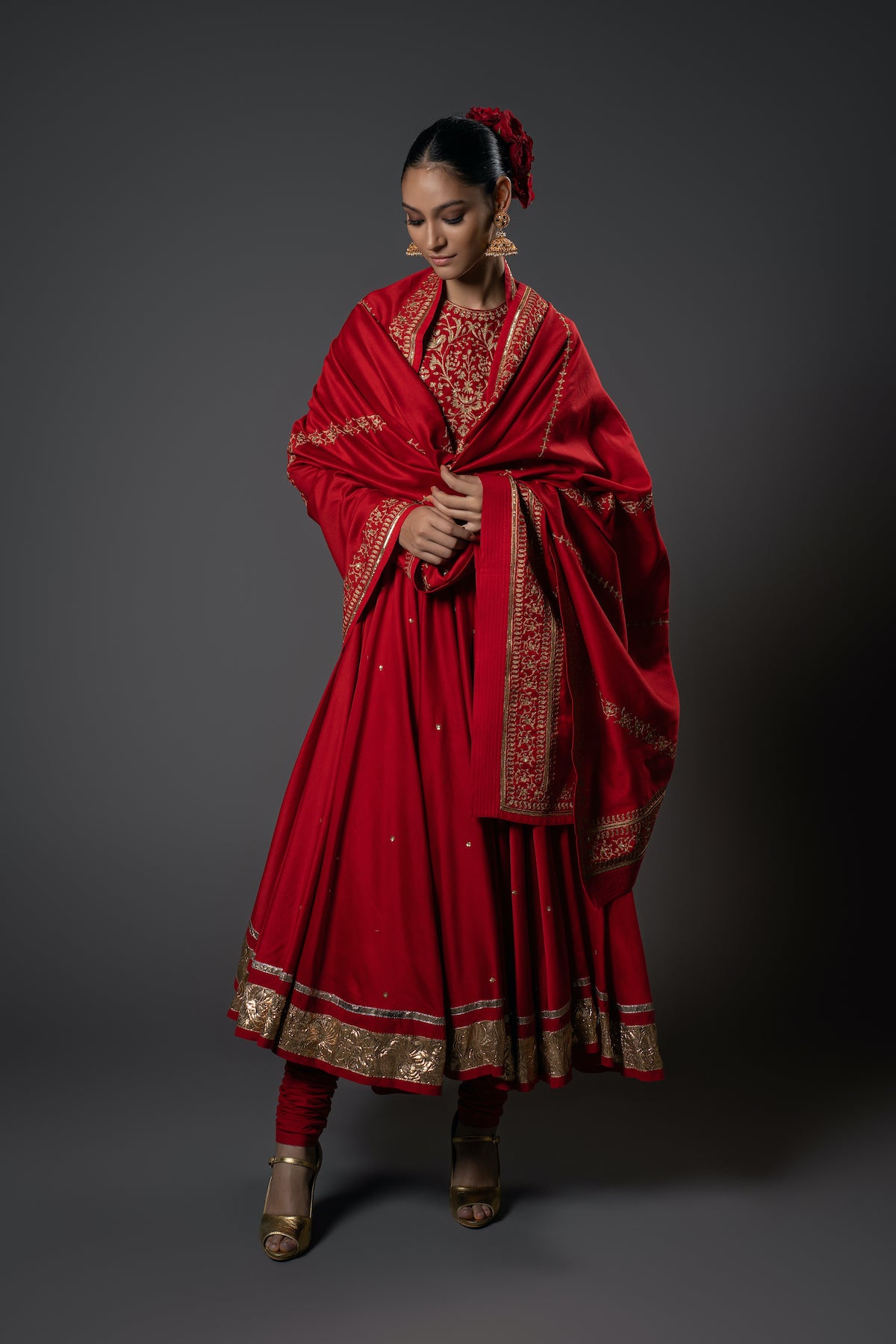 Chanderi Silk Floral Embroidered Kalidar Anarkali Set