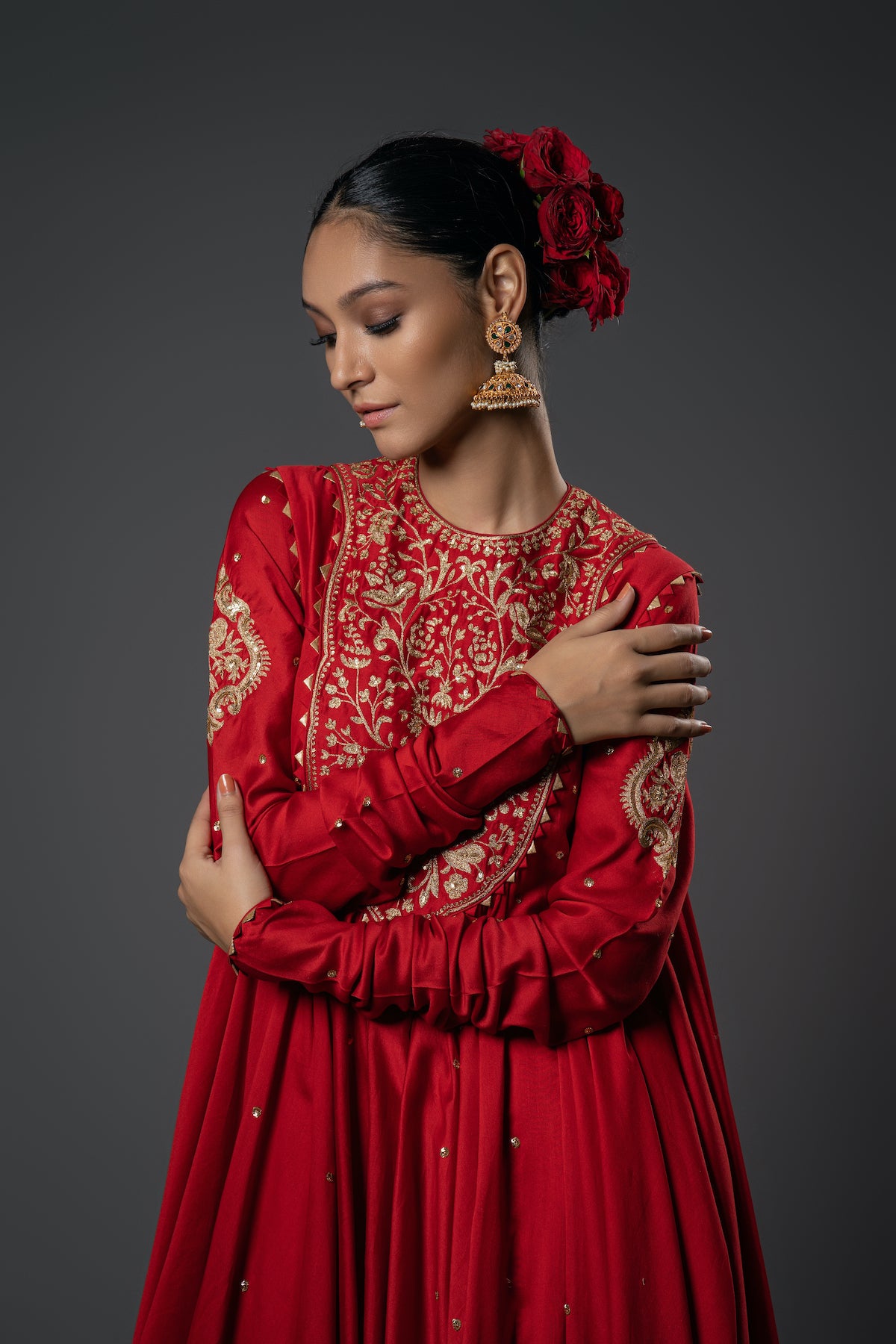 Chanderi Silk Floral Embroidered Kalidar Anarkali Set