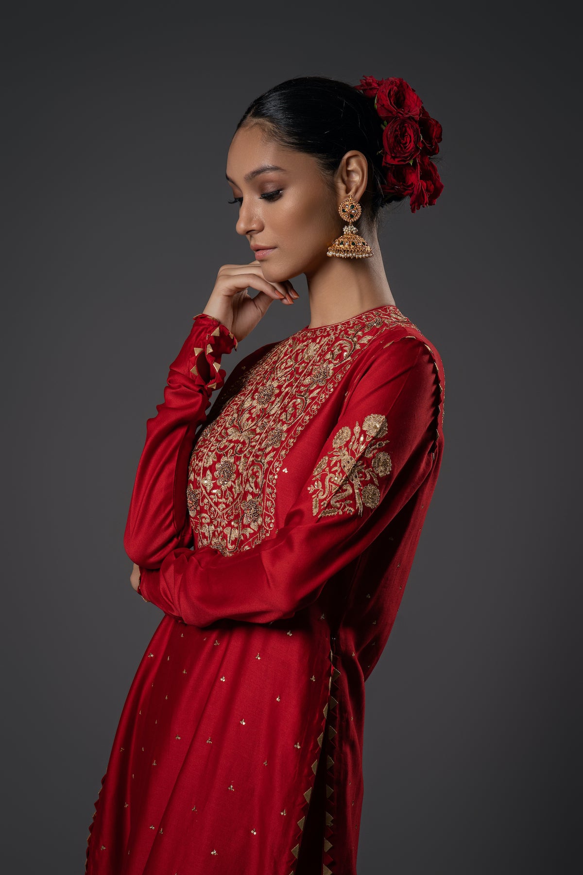 Chanderi Silk Floral Embroidered Kalidar Anarkali Set