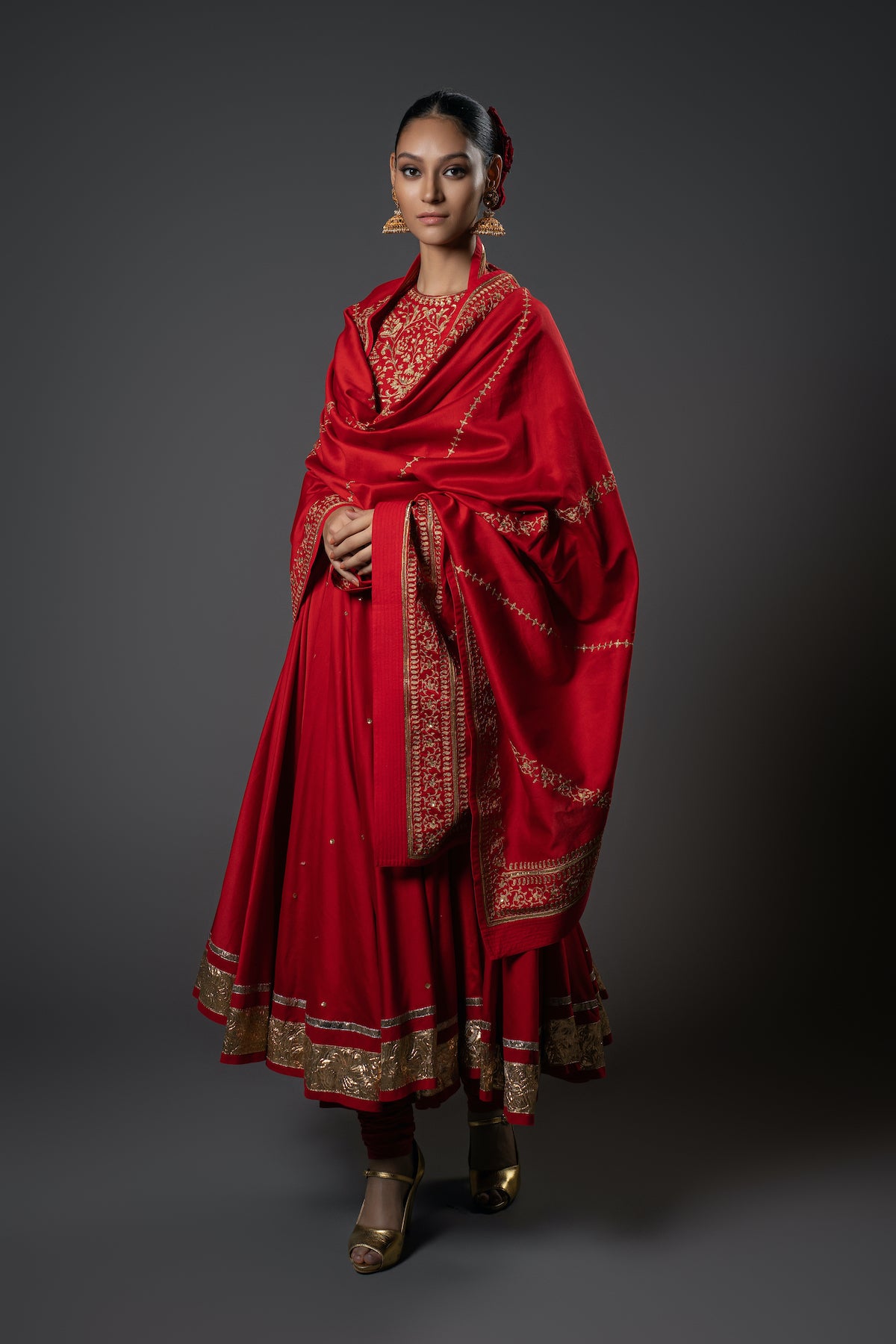 Chanderi Silk Floral Embroidered Kalidar Anarkali Set
