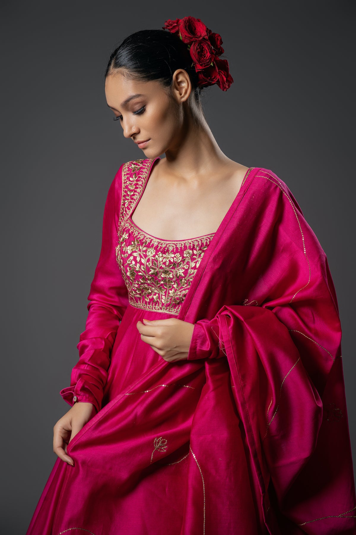 Chanderi Silk Floral Embroidered Anarkali Set