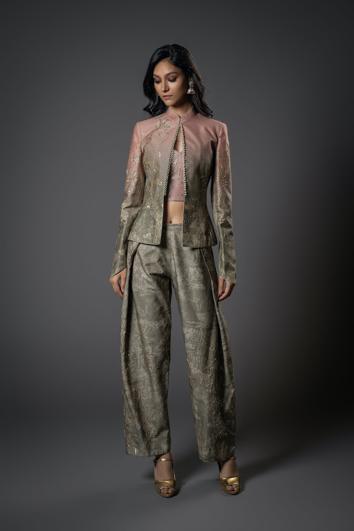 Chanderi Silk Shibori Digital Printed & Embroidered Jacket Set