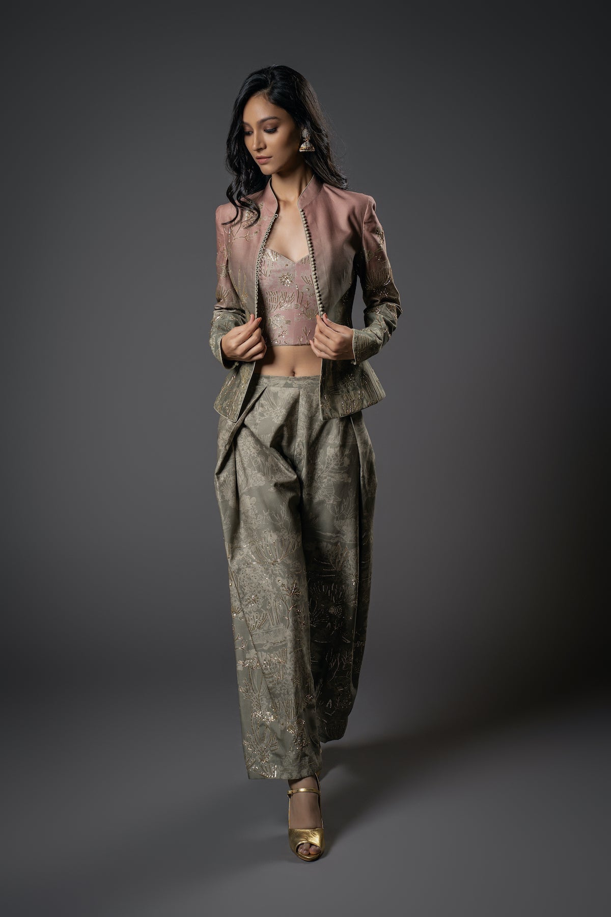 Chanderi Silk Shibori Digital Printed & Embroidered Jacket Set