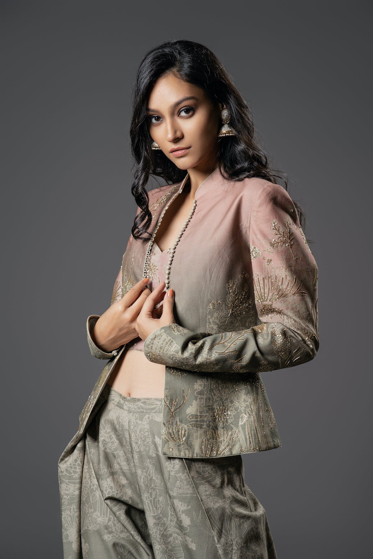 Chanderi Silk Shibori Digital Printed & Embroidered Jacket Set