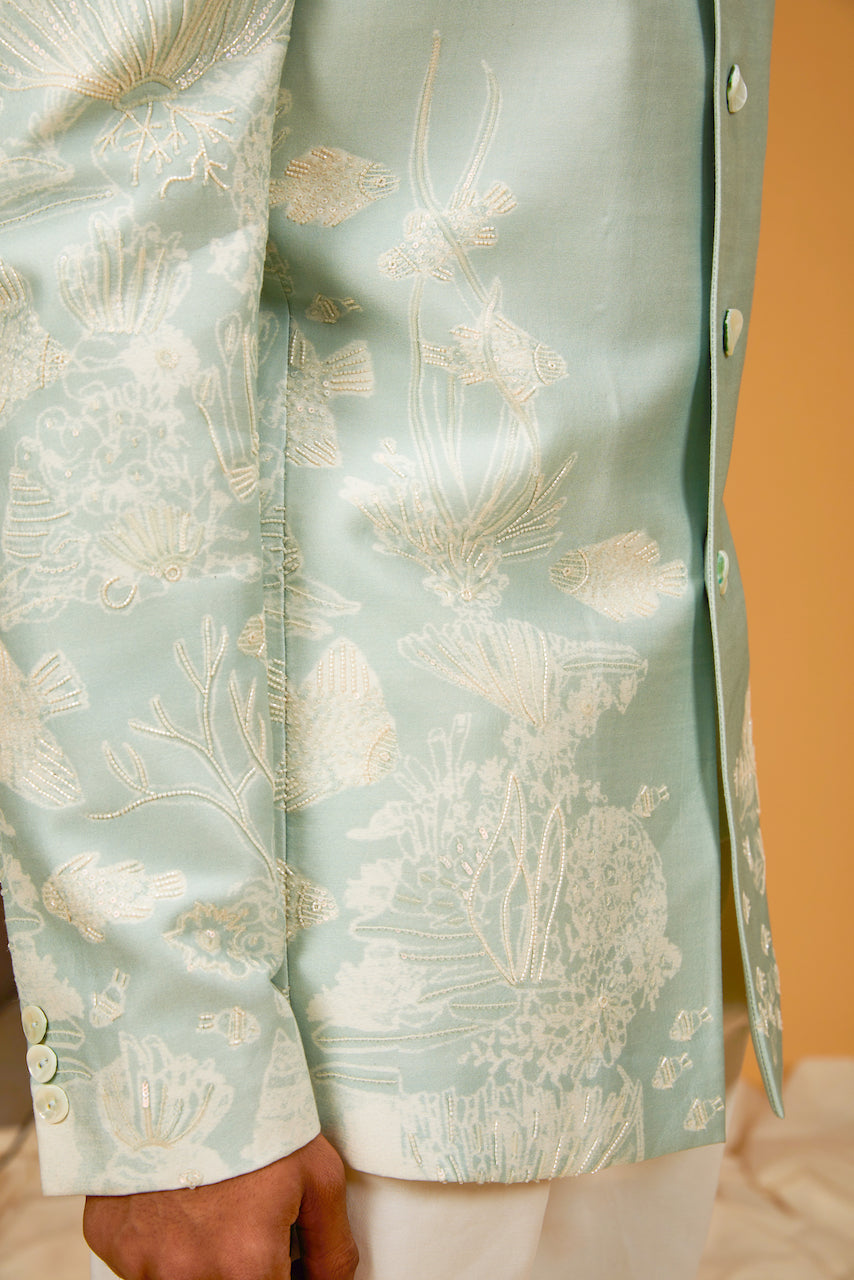 Ice Blue Matka Silk Digital Printed Bandhgala