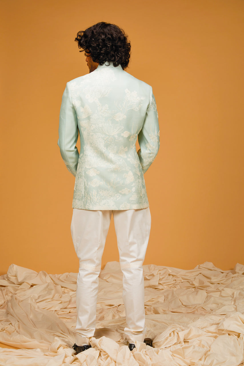 Ice Blue Matka Silk Digital Printed Bandhgala