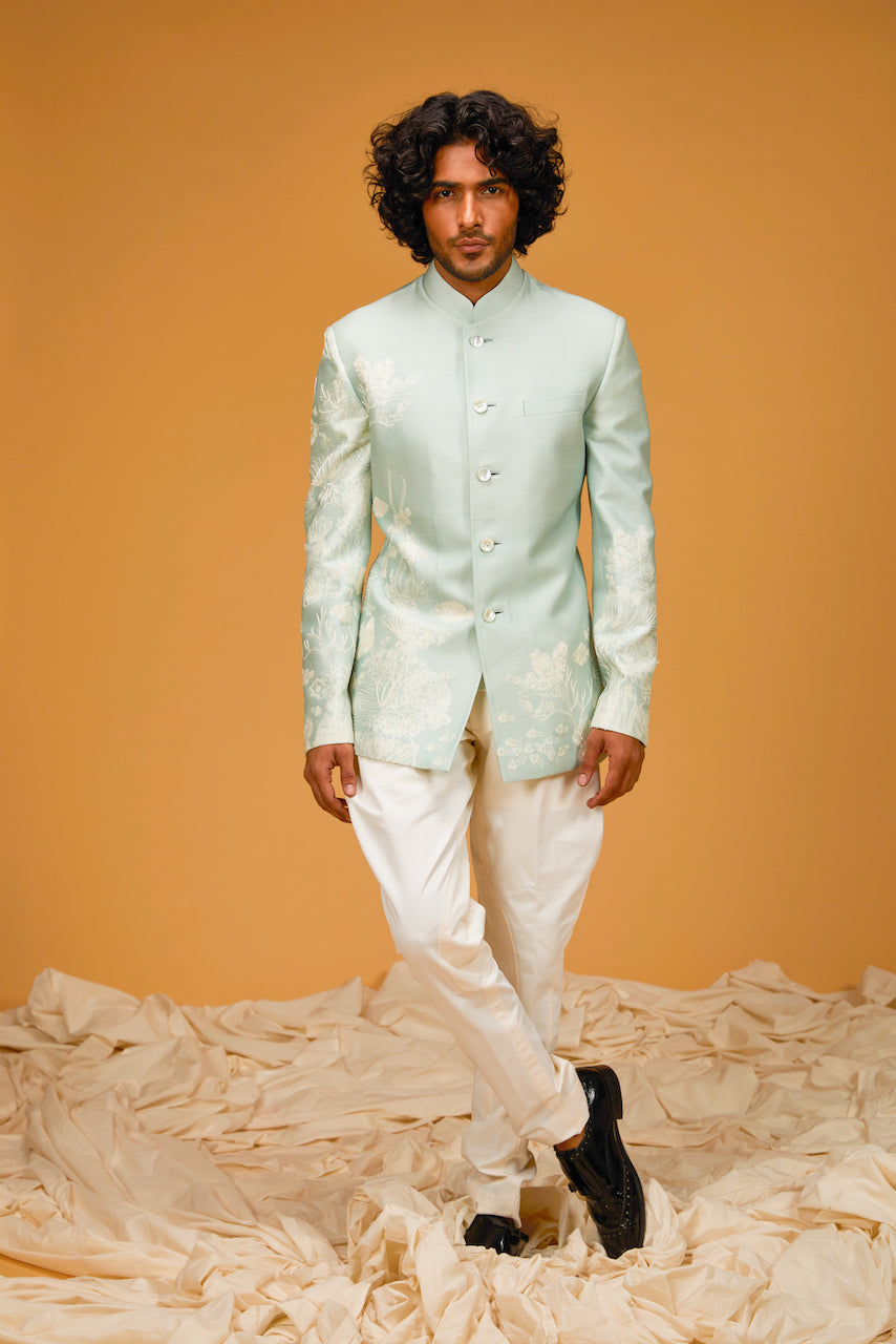 Ice Blue Matka Silk Digital Printed Bandhgala