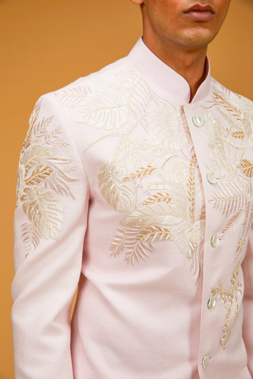 Embroidered Bandhgala in Powder Pink Matka Silk