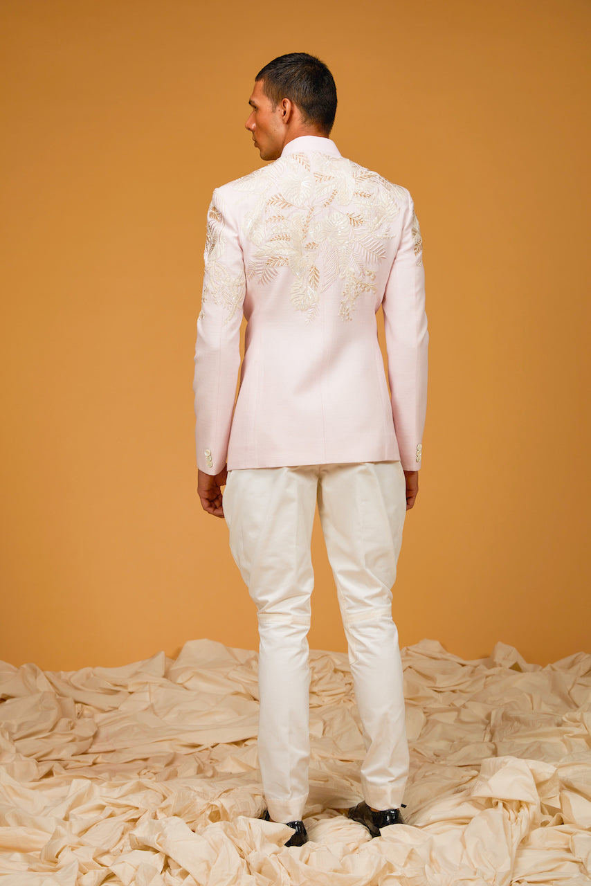 Embroidered Bandhgala in Powder Pink Matka Silk