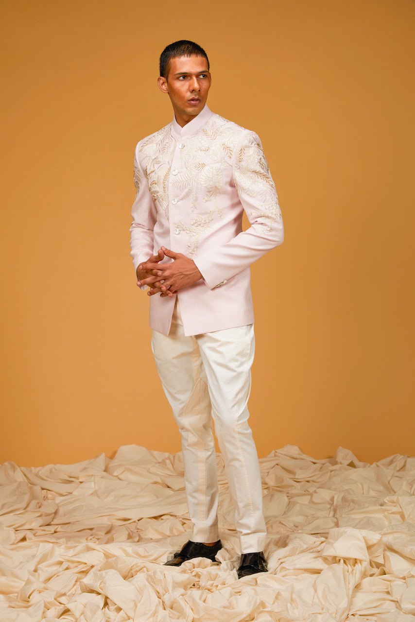 Embroidered Bandhgala in Powder Pink Matka Silk