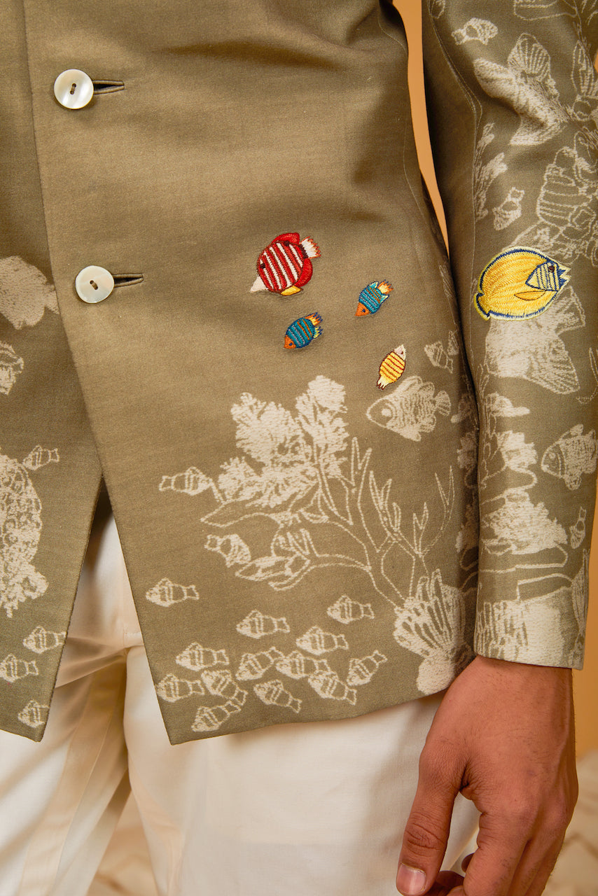 Brown Chanderi Silk Printed & Embroidered Bandhgala
