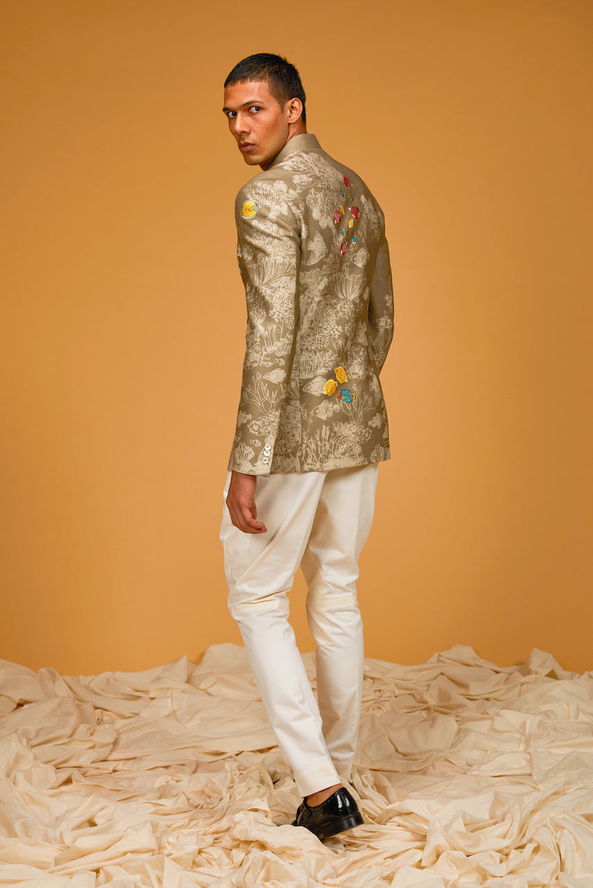 Brown Chanderi Silk Printed & Embroidered Bandhgala