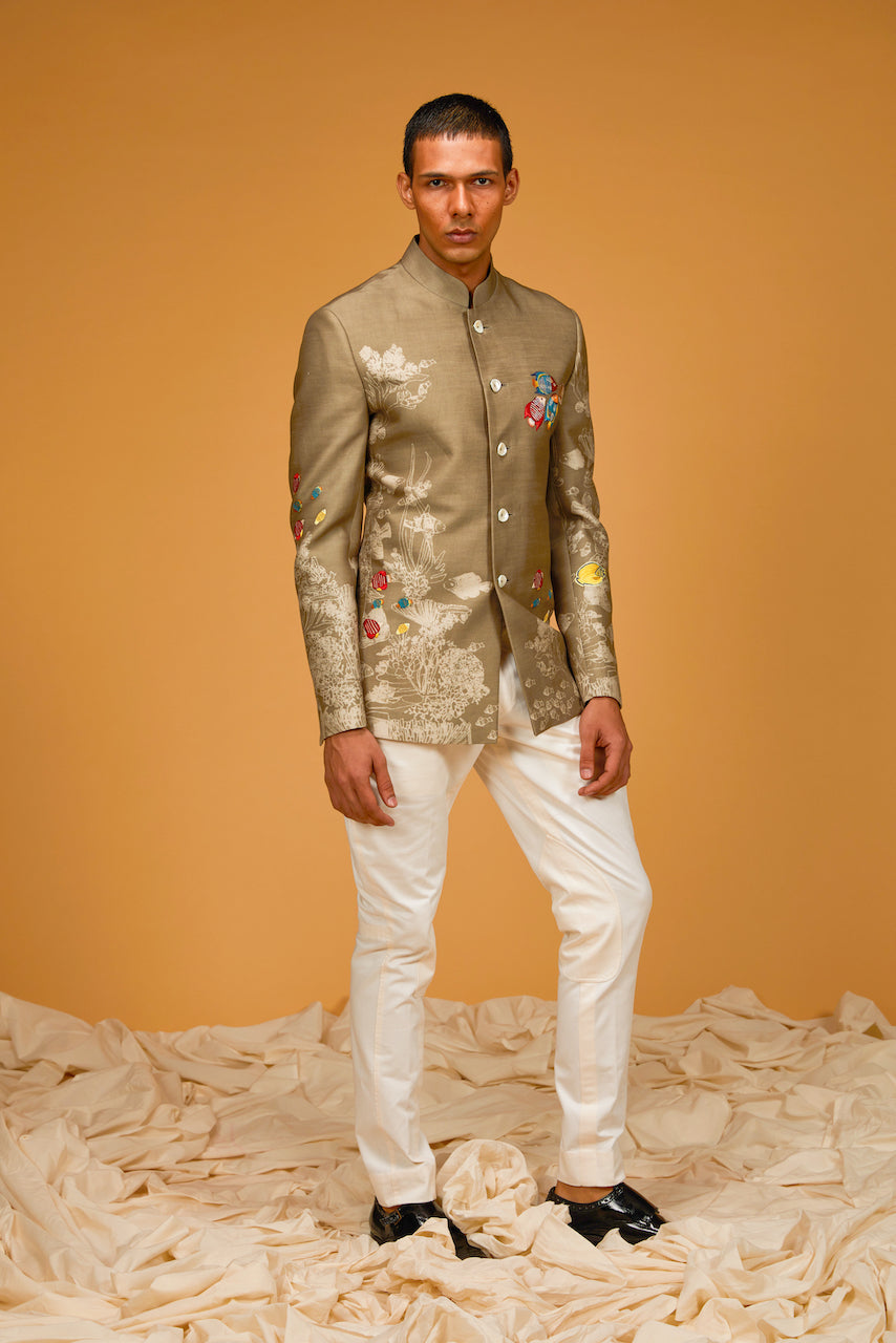 Brown Chanderi Silk Printed & Embroidered Bandhgala