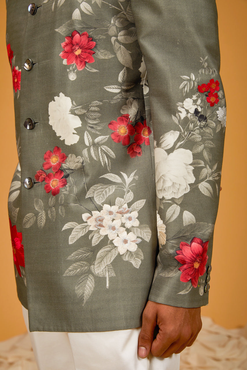 Pewter Green Matka Silk Floral Digital Printed Bandhgala