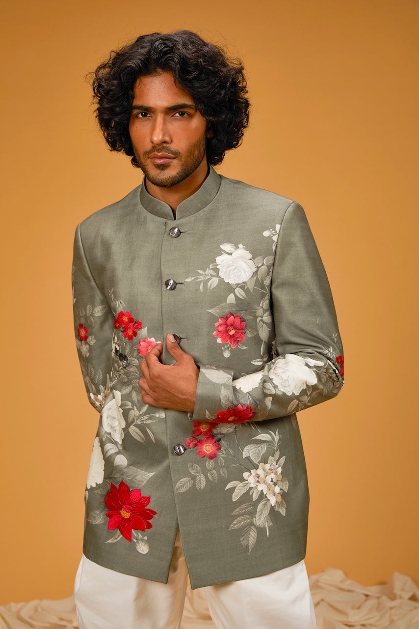 Pewter Green Matka Silk Floral Digital Printed Bandhgala