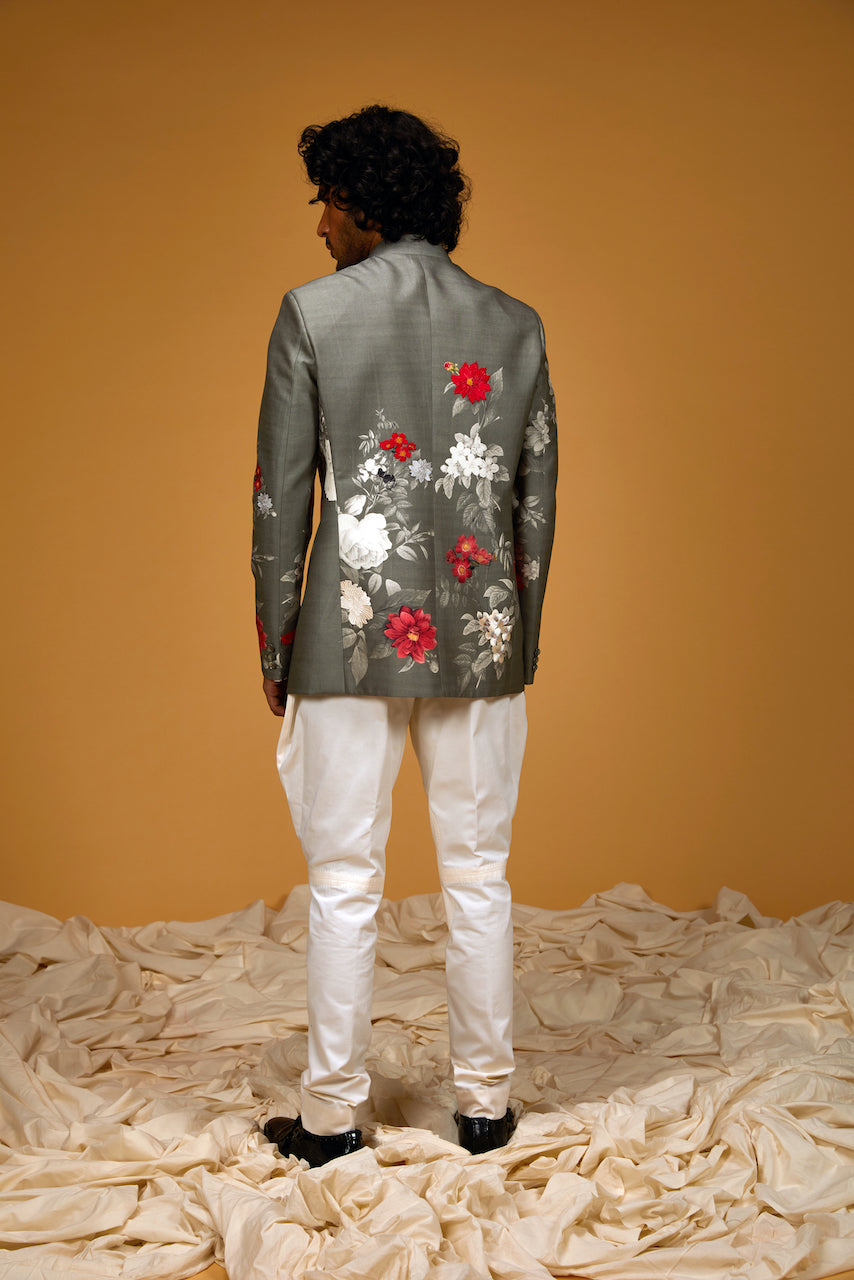 Pewter Green Matka Silk Floral Digital Printed Bandhgala