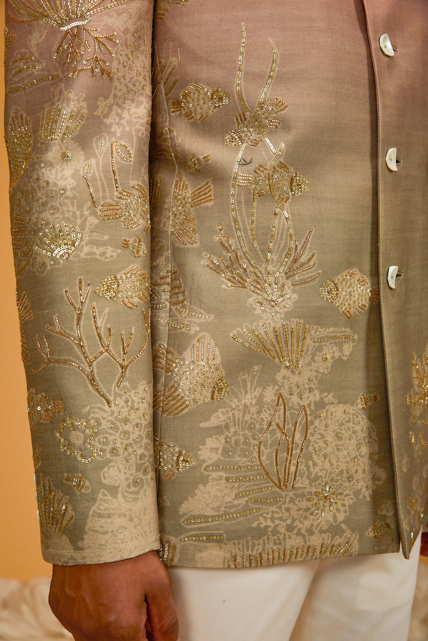 Sea Green Chanderi Digital Printed & Cutdana Embroidered Bandhgala