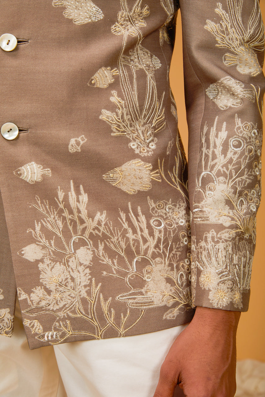 Rust Chanderi Silk Printed & Embroidered Bandhgala