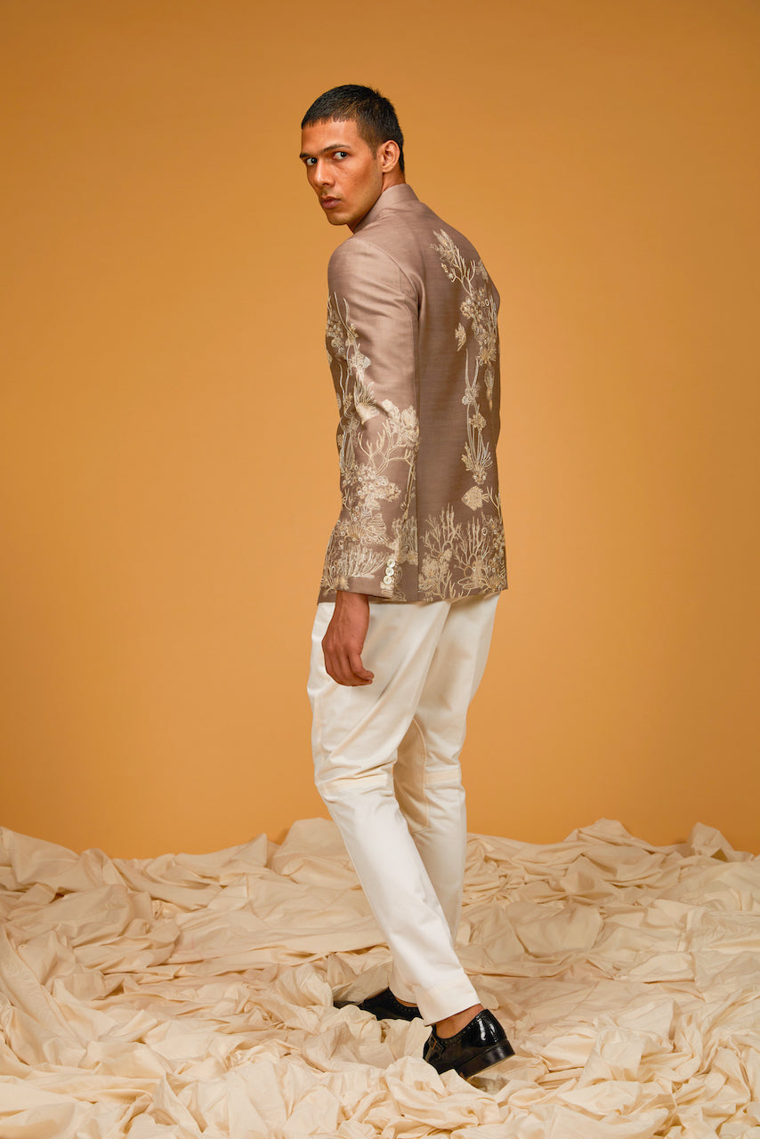 Rust Chanderi Silk Printed & Embroidered Bandhgala