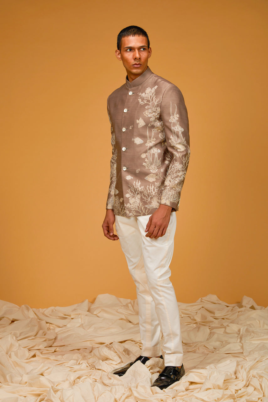 Rust Chanderi Silk Printed & Embroidered Bandhgala