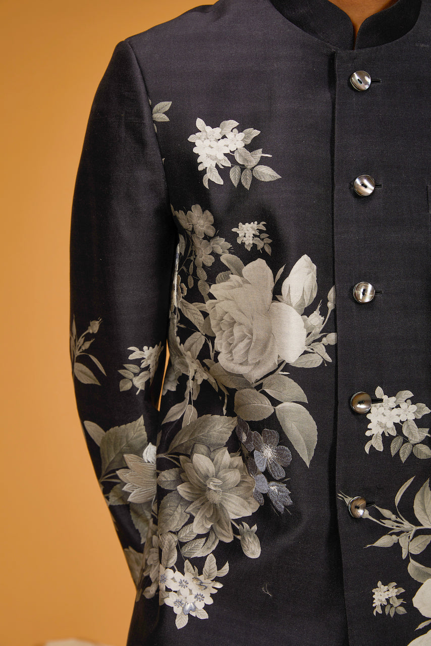 Black Matka Silk Floral Digital Printed Bandhgala