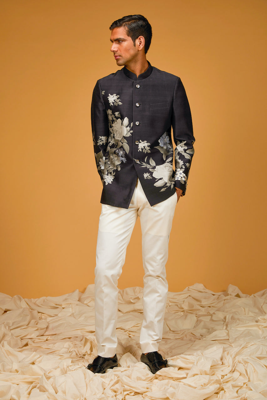 Black Matka Silk Floral Digital Printed Bandhgala