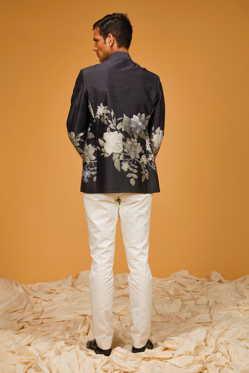Black Matka Silk Floral Digital Printed Bandhgala