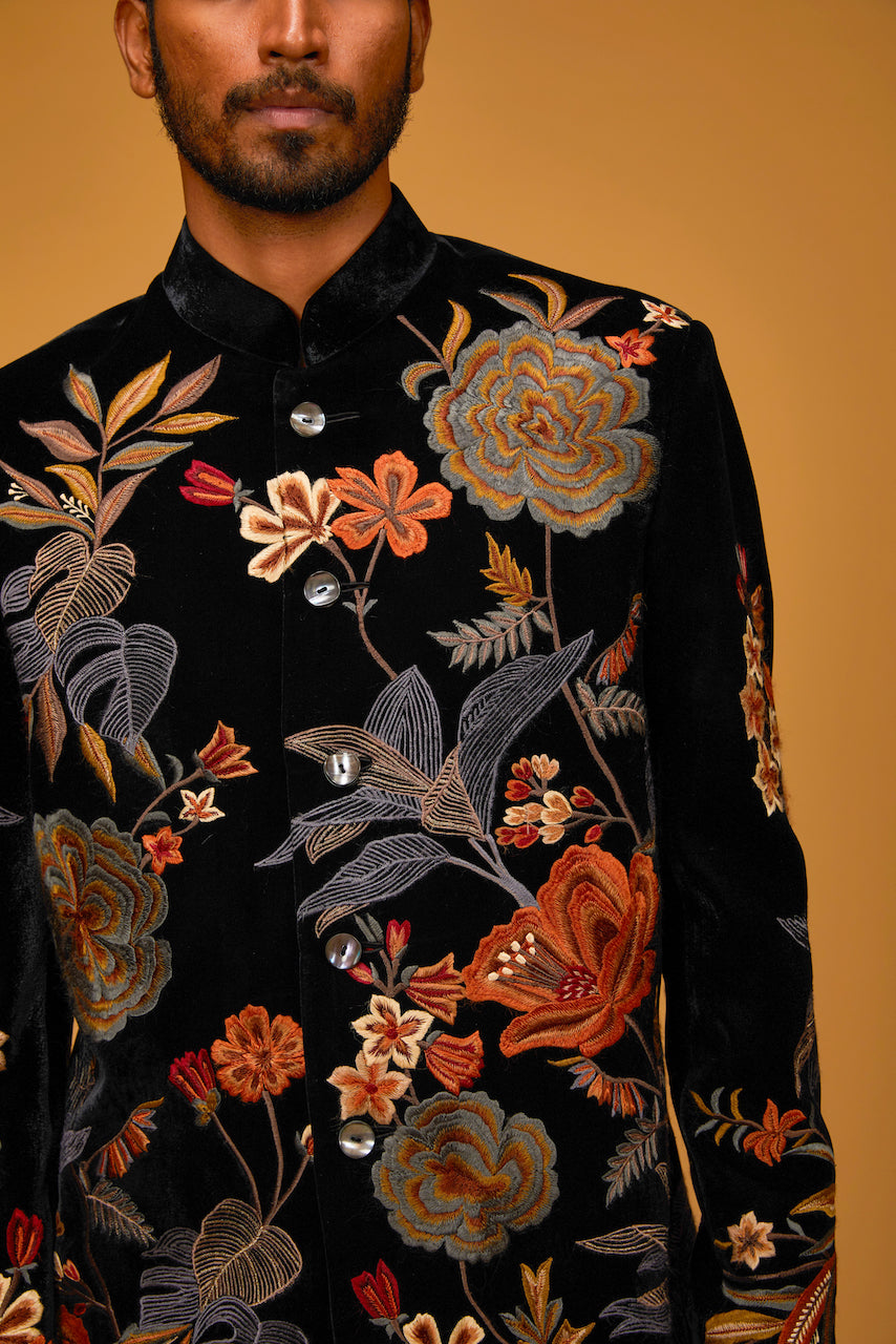 Black Silk Velvet Resham & Floral Hand Embroidered Bandhgala