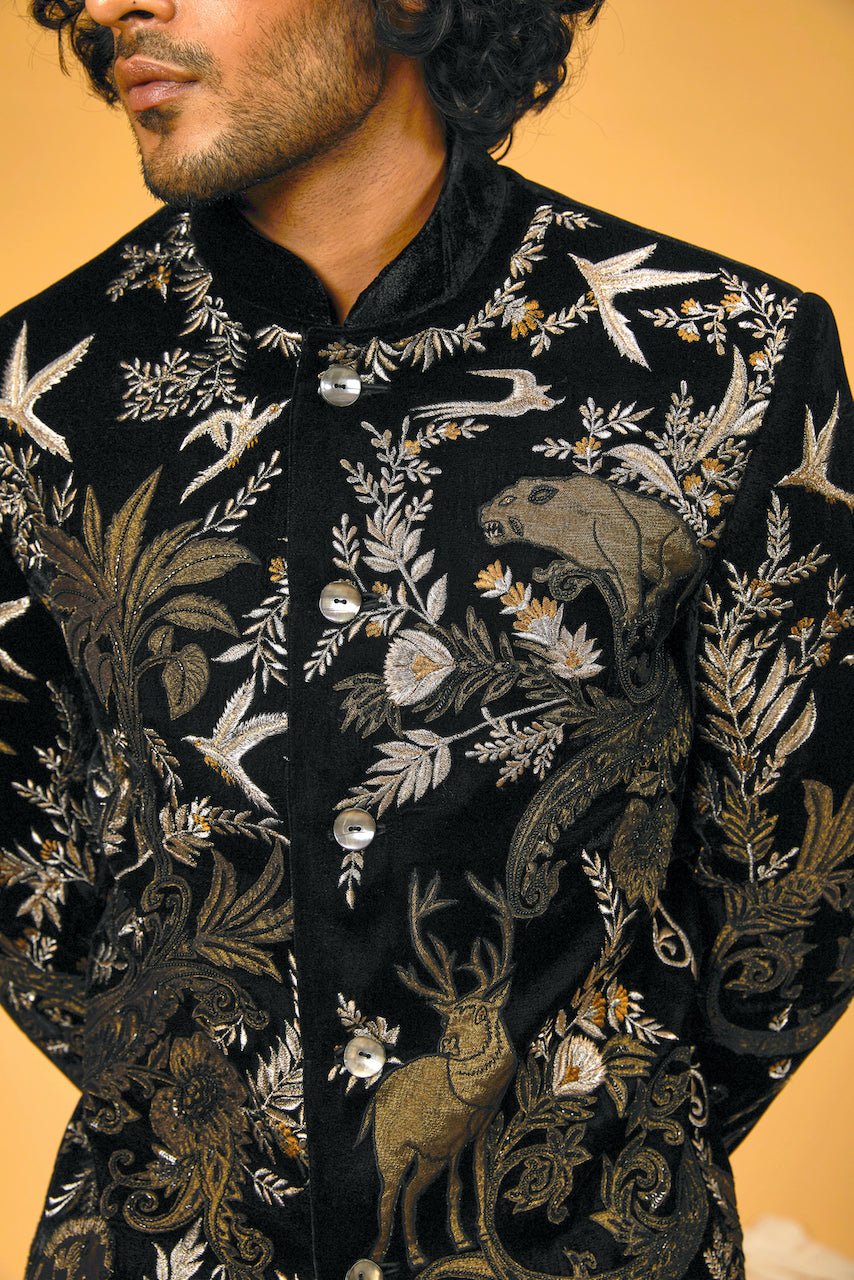 Black Silk Velvet Hand & Machine Embroidered Bandhgala