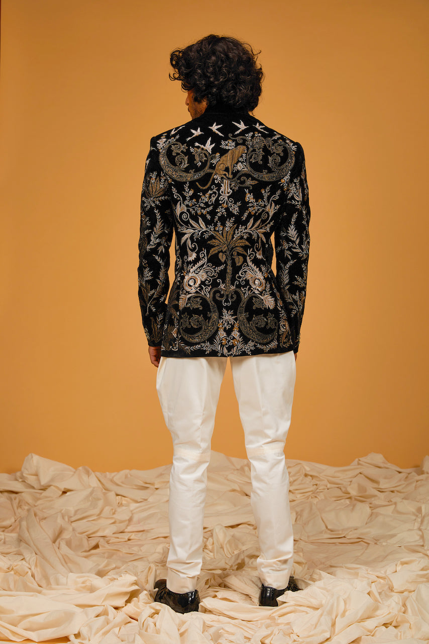 Black Silk Velvet Hand & Machine Embroidered Bandhgala