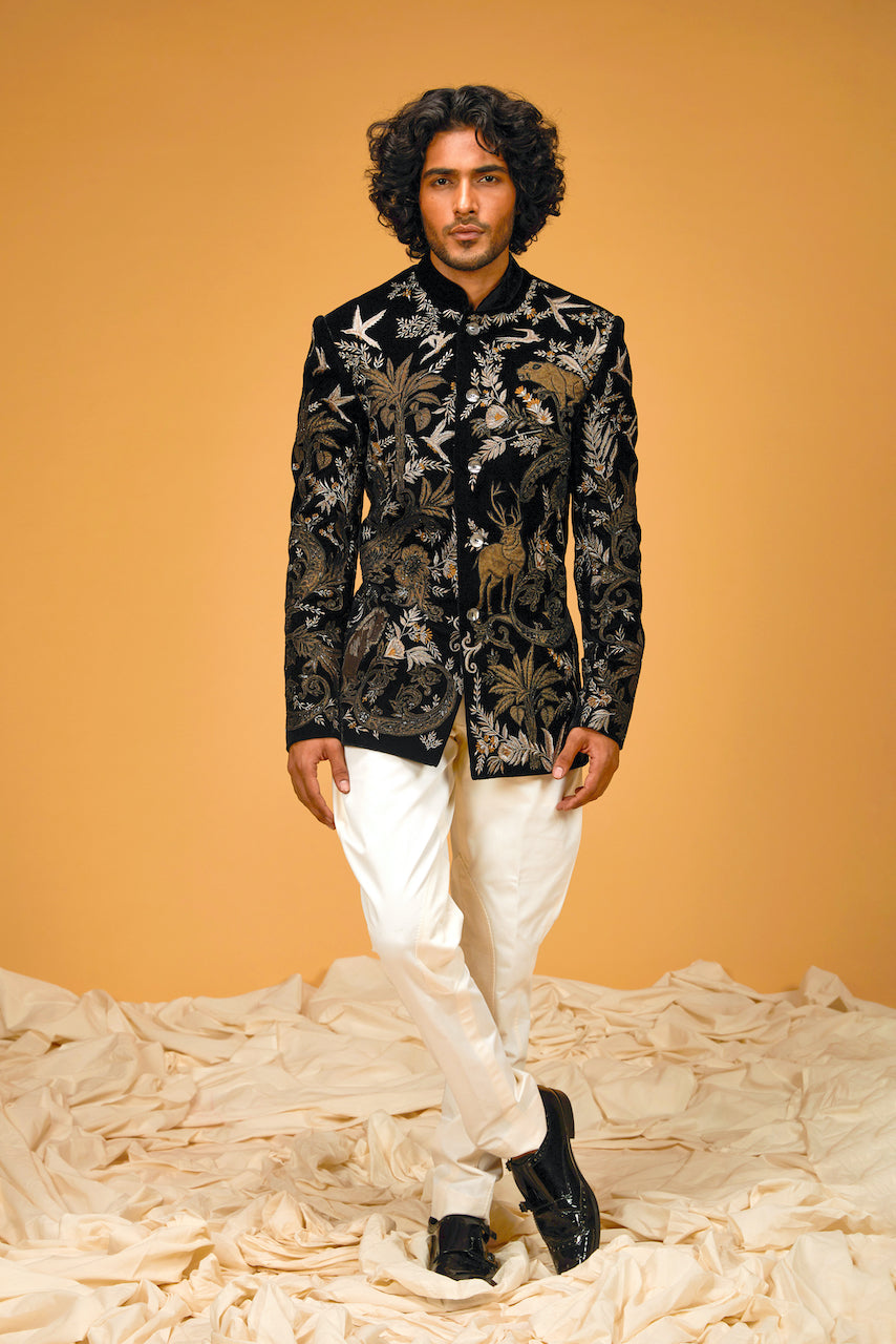 Black Silk Velvet Hand & Machine Embroidered Bandhgala